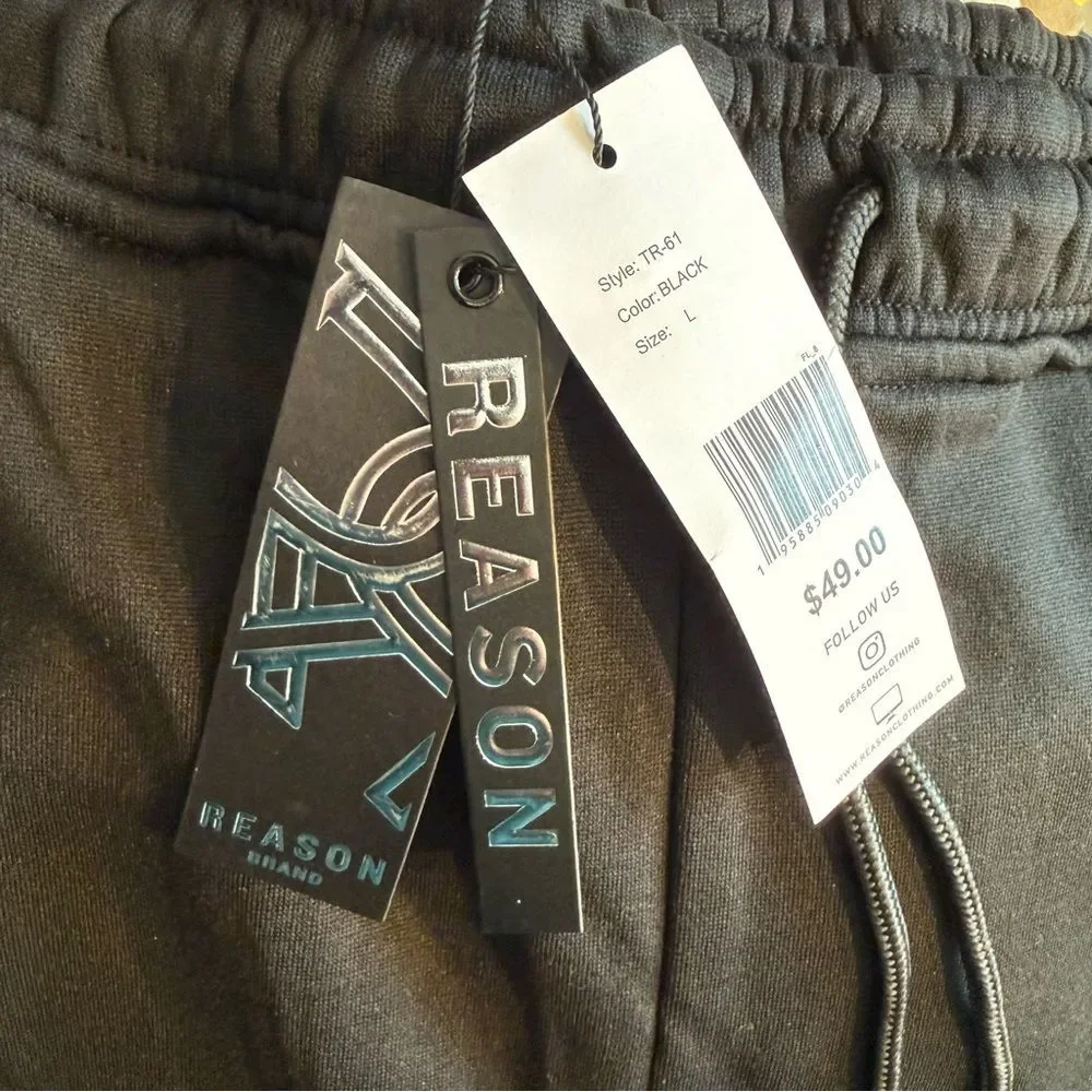 Reason Brand Men's Black Fleece Joggers Geometric Red & Yellow Graphics- Large